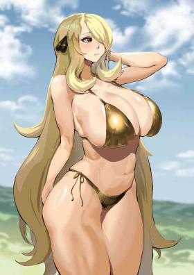 Gay Longhair Cynthia is embarrassed to wear a gold bikini - Pokemon | pocket monsters Mommy